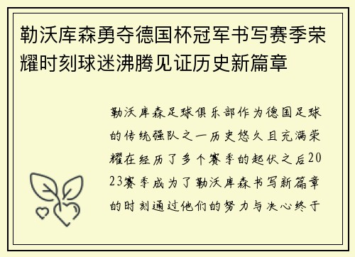 勒沃库森勇夺德国杯冠军书写赛季荣耀时刻球迷沸腾见证历史新篇章