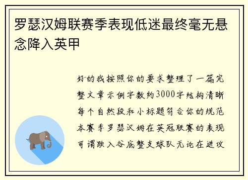 罗瑟汉姆联赛季表现低迷最终毫无悬念降入英甲