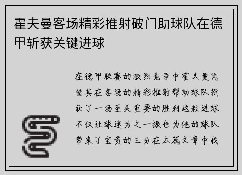 霍夫曼客场精彩推射破门助球队在德甲斩获关键进球