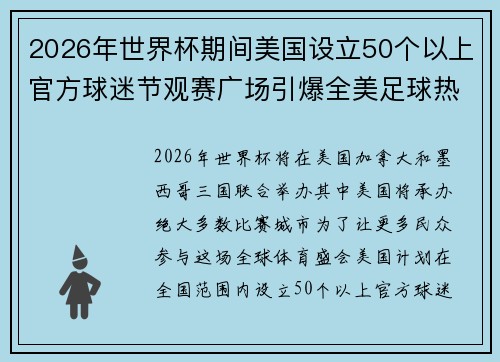 2026年世界杯期间美国设立50个以上官方球迷节观赛广场引爆全美足球热潮